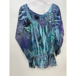 Lane Bryant Floral Flowy Blouse Sheer Blue Flutter Sleeve Womens Sz 14/16W